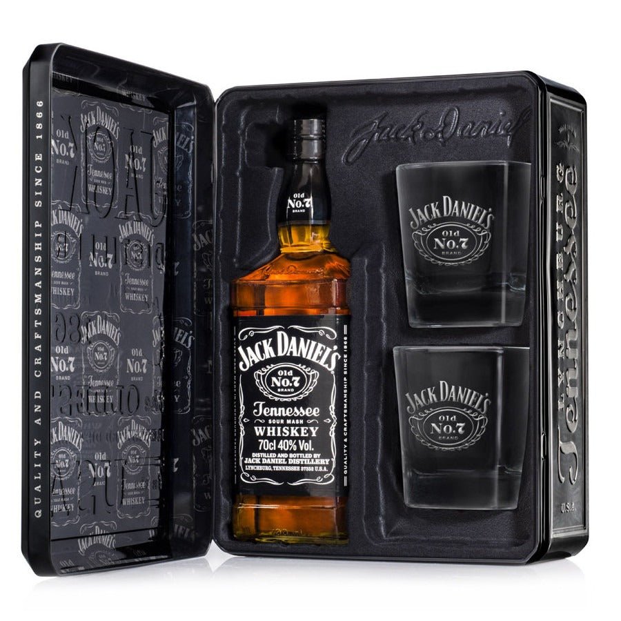 Jack Daniel's & 2 Whiskey Glasses In Tin Box - Flowers to Nepal - FTN