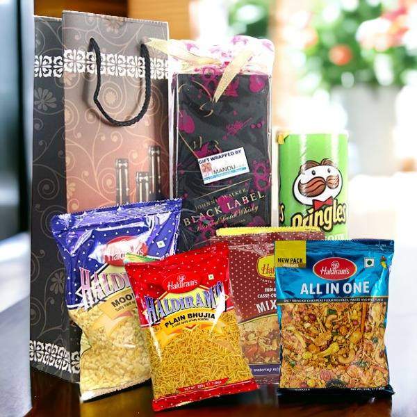 JW Black Label 1000ml In Beautiful Bag And Popular Namkeen Snacks (6 Items) - Flowers to Nepal - FTN