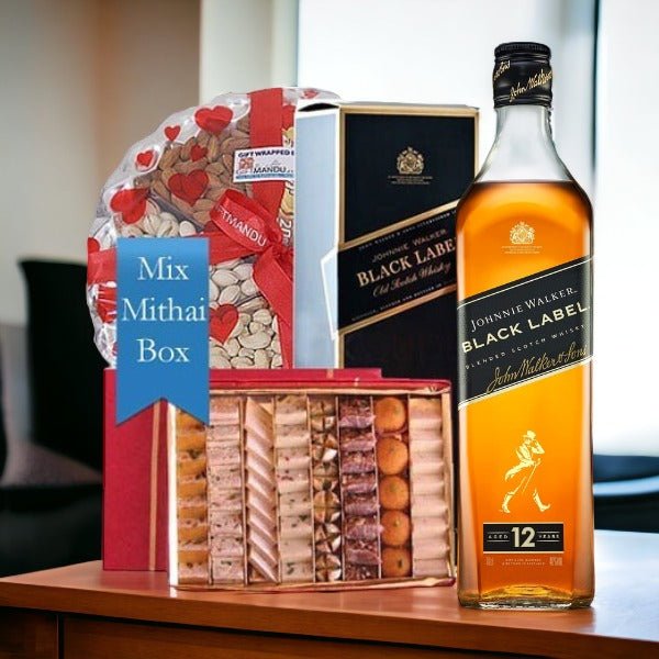 JW Black Label 1000ml, Mixed Mithai Kg & Nuts Tray Combo - Flowers to Nepal - FTN