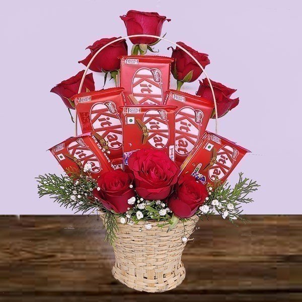 Kitkat Chocolates With Red Roses Special Flower Basket - Flowers to Nepal - FTN