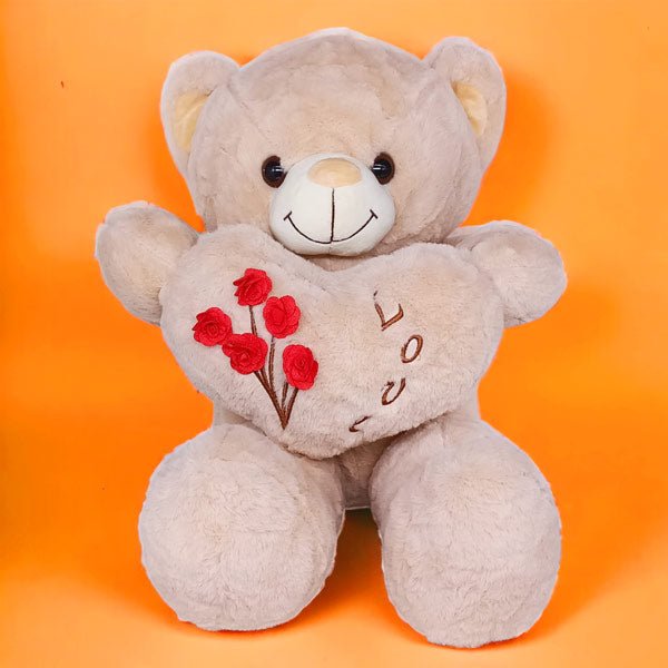 Light Brown Teddy Bear With Heart Shape Flower Design - Flowers to Nepal - FTN