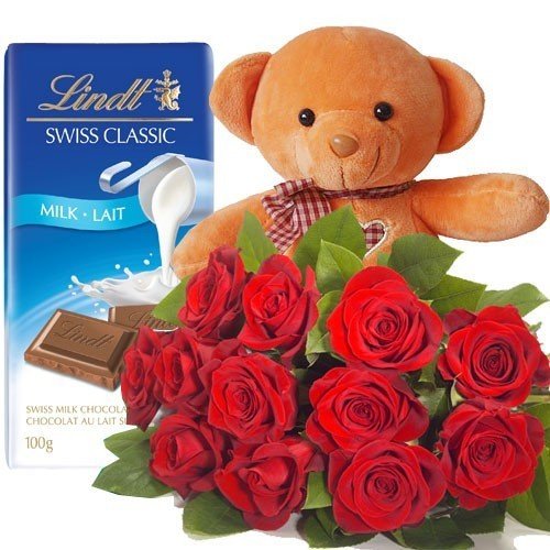 Lindt Chocolate Bar, Dozen Roses And Lovely Teddy - Flowers to Nepal - FTN