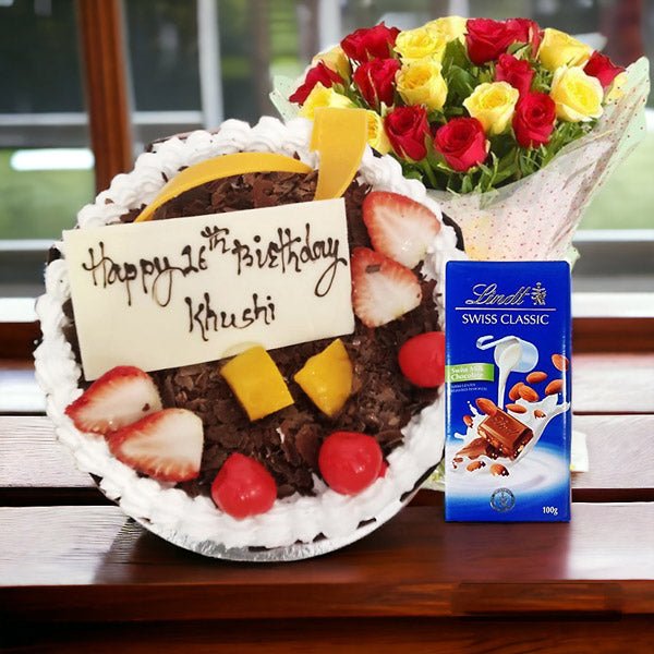 Lindt Swiss Classic Chocolate With Delicious Cake & Rose Bunch - Flowers to Nepal - FTN