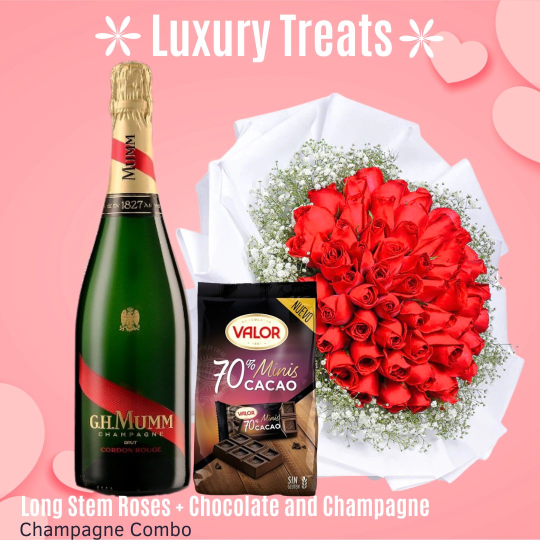 Long-Stem Roses Bouquet, Chocolate and Champagne Combo - Flowers to Nepal - FTN