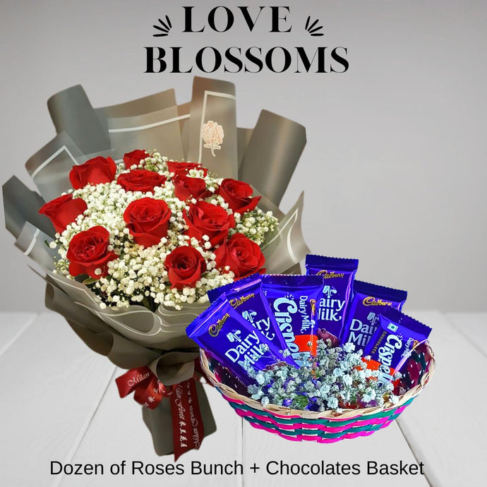 Love Blossoms ( Dozen of roses bunch, Chocolate delights basket Combo ) - Flowers to Nepal - FTN