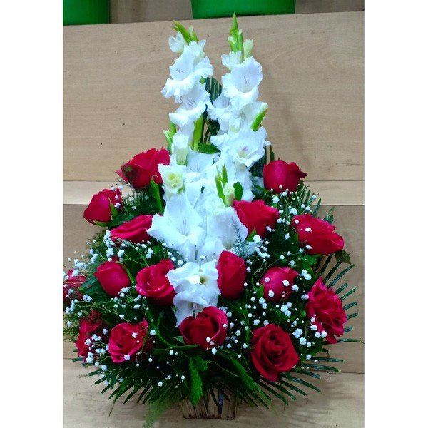 Lovely Flower Basket Roses with White Gladiolus - Flowers to Nepal - FTN