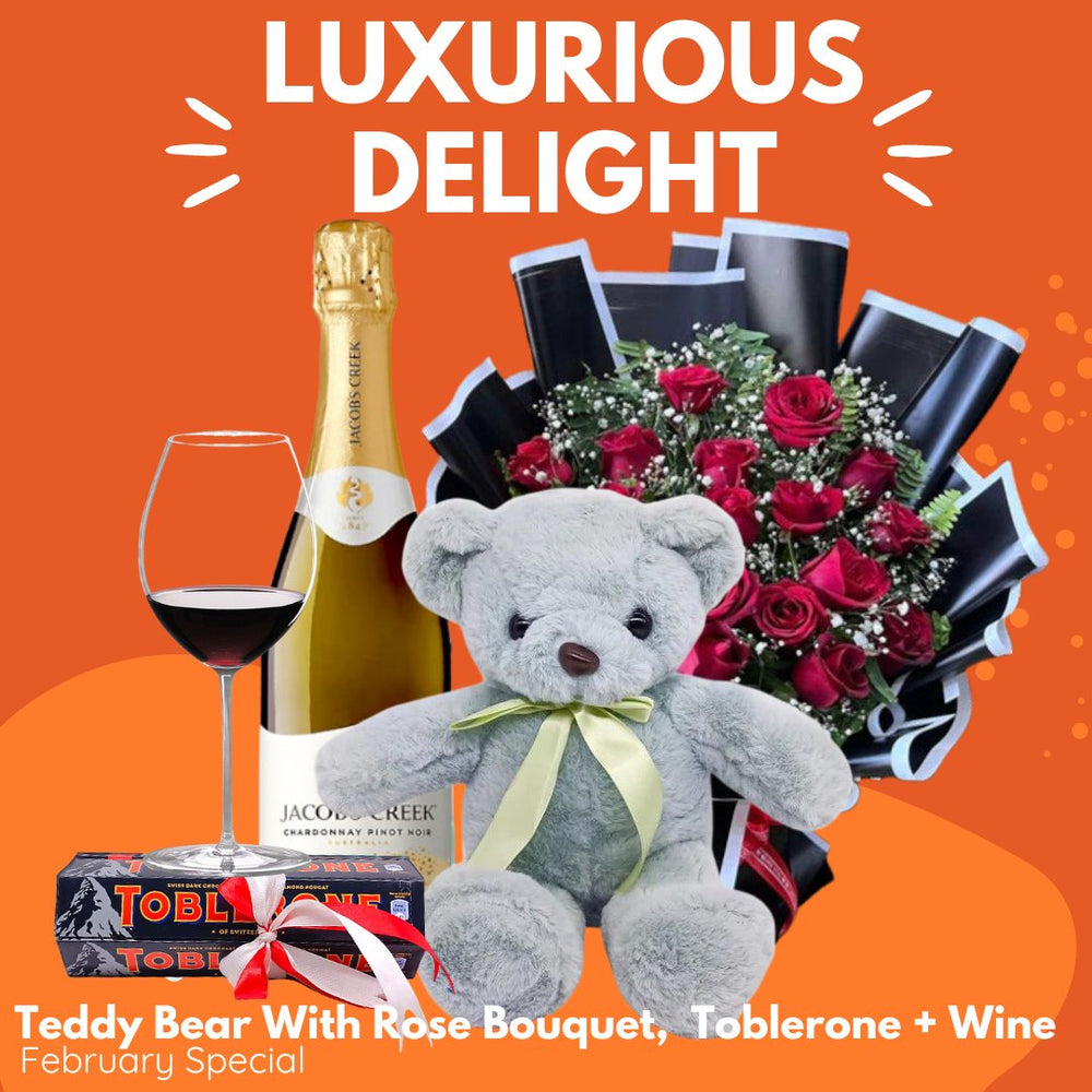 Luxurious Delight Combo ( Rose Bouquet, Teddy Bear, Wine and Toblerone ) - Flowers to Nepal - FTN