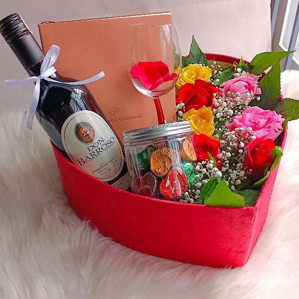 Luxury Roses With Red Wine, Diary & Chocolates In Heart Box - Flowers to Nepal - FTN