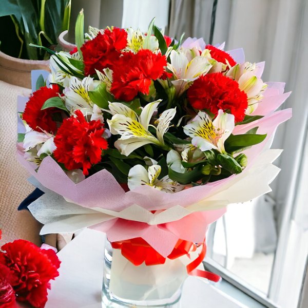 Mesmerising Bunch of Red Carnations & Alstroemeria - Flowers to Nepal - FTN