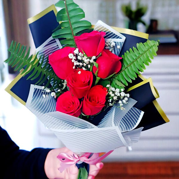 Mini Cute Bunch With 6 Red Roses, Green Filler & Gypsy - Flowers to Nepal - FTN