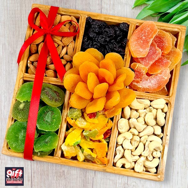Mix Dry Fruits And Nuts Wooden Tray Special - Flowers to Nepal - FTN