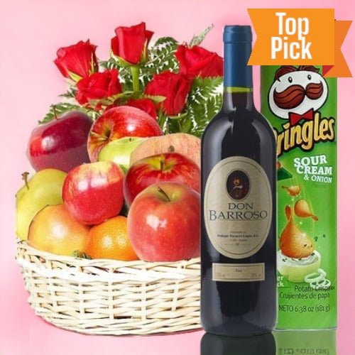 Mix-Fruits Basket, Red Wine & Flowers Combo - Flowers to Nepal - FTN