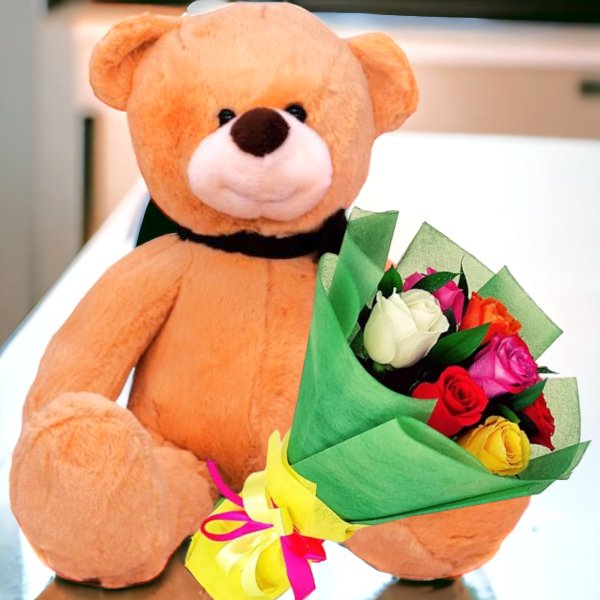Mix Roses Bouquet With Soft Teddy Bear - Flowers to Nepal - FTN