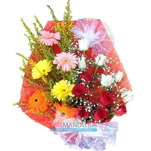 Mix Roses Gerbera Daisy Bright Basket - Flowers to Nepal - FTN