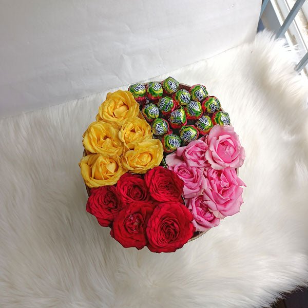 Mix Roses With Lolly Pop Arrangement In Round Box - Flowers to Nepal - FTN