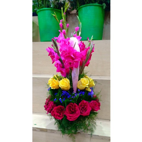 Mix Roses with Pink Gladiolus Basket - Flowers to Nepal - FTN