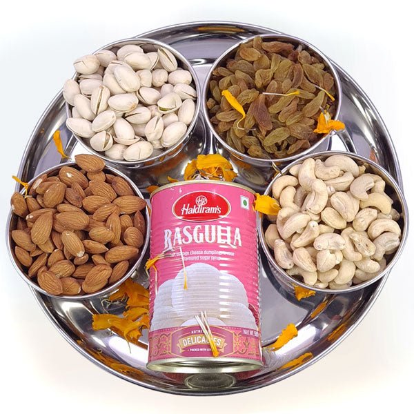 Mixed Nuts & Rasgulla Decorated Steel Tray - Flowers to Nepal - FTN