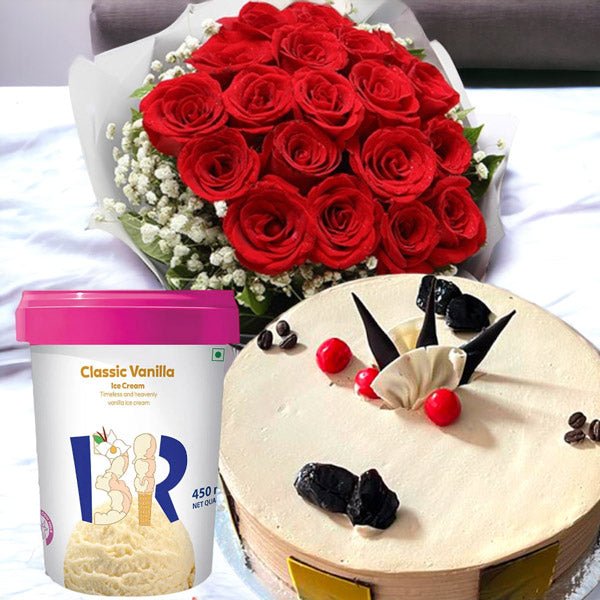 Mocha Cream Cake With Bunch Of Roses & Baskin Robbins Ice-Cream - Flowers to Nepal - FTN