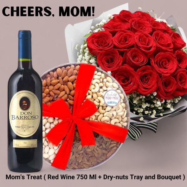 Mom's Treat ( Red Wine 750 Ml, Dry-nuts Tray and Bouquet ) - Flowers to Nepal - FTN