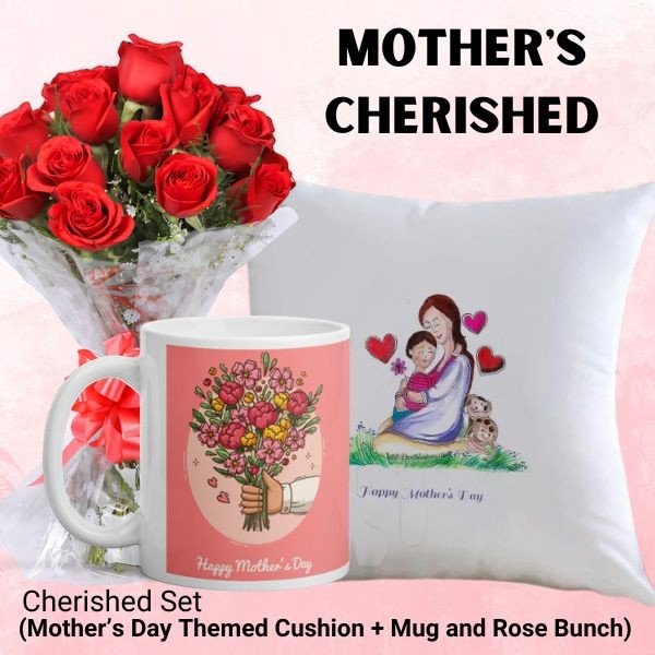 
                  
                    Mother's Day Cherished Combo ( Mothers day Themed Cushion, Mug, and Beautiful Bunch ) - Flowers to Nepal - FTN
                  
                