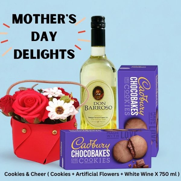 Mothers Day Cookies and Cheers ( Cookies + Artificial Flowers + White Wine X 750 ml ) - Flowers to Nepal - FTN
