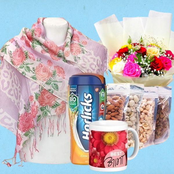 Mother's Day Delight: Mixed Flowers, Scarf, Horlicks, Dry Nuts & Best Aama Mug Combo - Flowers to Nepal - FTN