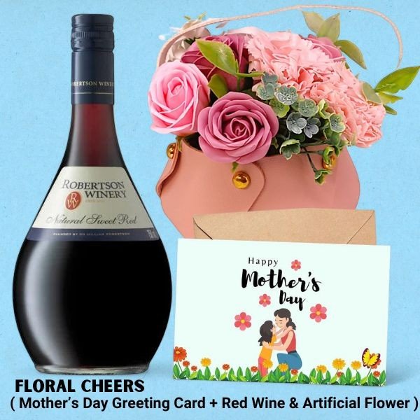 Mother's Day Floral & Cheer Combo ( Greeting Card, Red Wine 750 Ml and Artificial Flowers ) - Flowers to Nepal - FTN