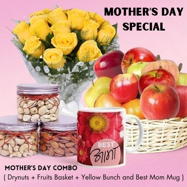 Mother's Day Special Combo ( Dry nuts, Fruits Basket, Yellow Bunch and Best Mom Mug ) - Flowers to Nepal - FTN