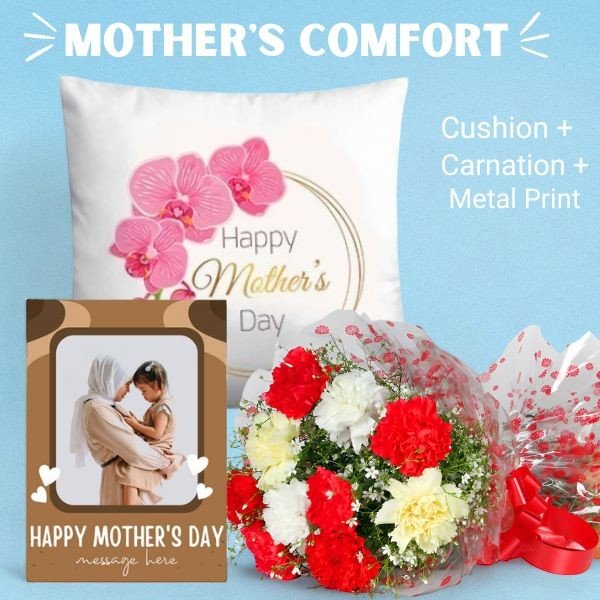 Mother's Day Treasured Trio ( Cushion + Personalised Metal Print and Carnation Bunch ) - Flowers to Nepal - FTN