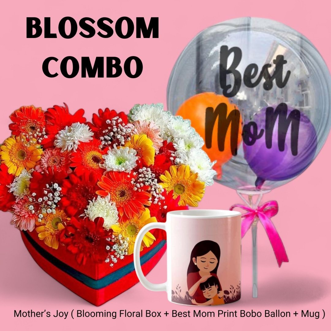 Mother's Joy ( Blooming Floral Box, Best Mom Print Bobo Ballon and Mug ) - Flowers to Nepal - FTN