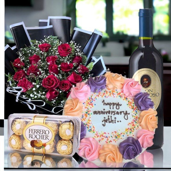 Perfect Celebration Combo - Cake, Wine, Chocolates And Roses - Flowers to Nepal - FTN