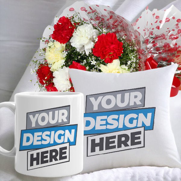 Personalized Cushion & Mug With Colourful Carnations Bouquet - Flowers to Nepal - FTN