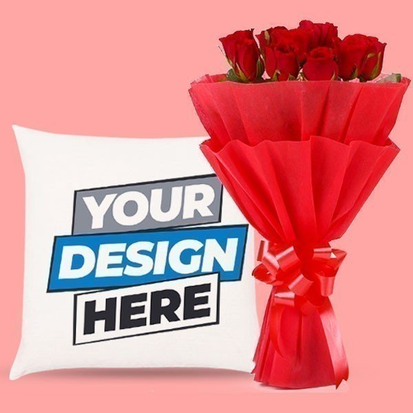 Personalized Cushion With Red Roses Bouquet - Flowers to Nepal - FTN