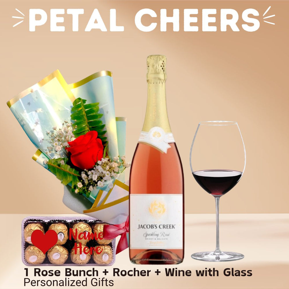 Personalized Gift ( 1 Rose Bunch, Rocher and Wine With Glass ) - Flowers to Nepal - FTN