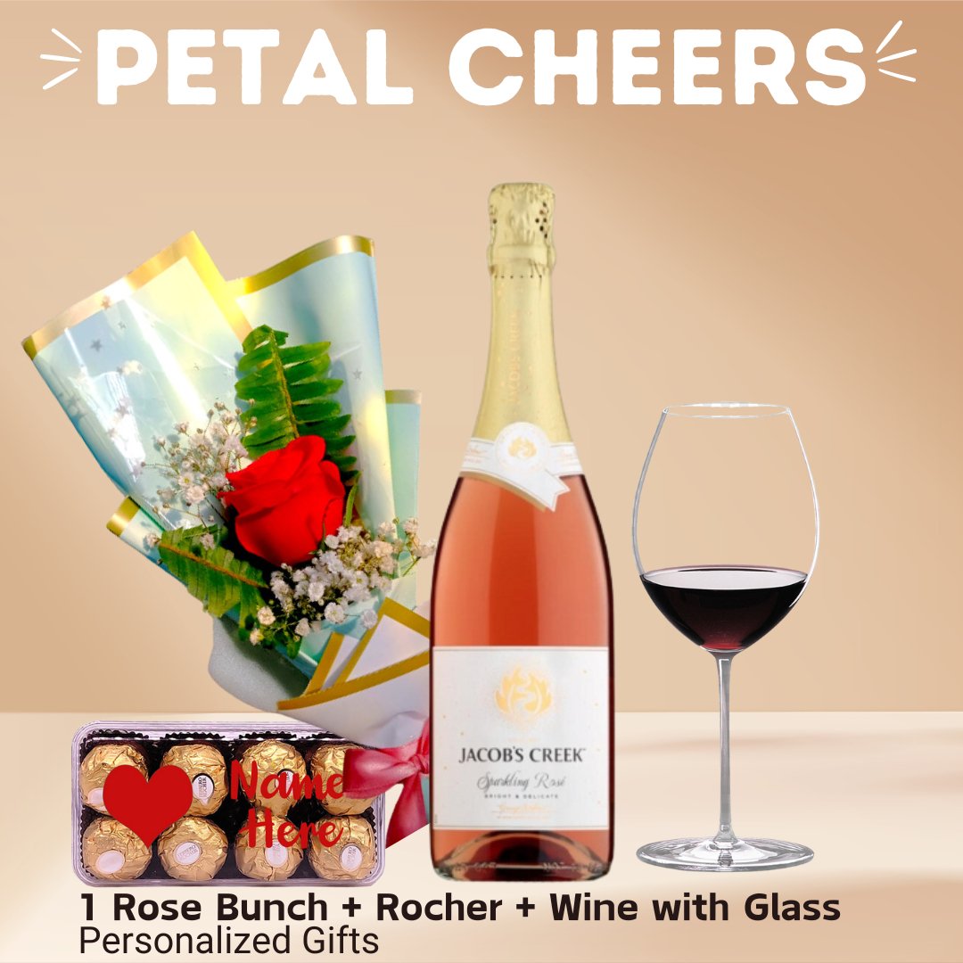 Personalized Gift ( 1 Rose Bunch, Rocher and Wine With Glass ) - Flowers to Nepal - FTN