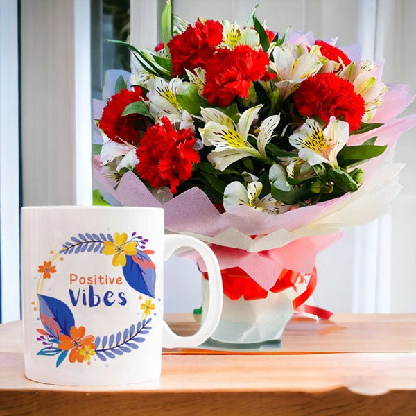 Personalized Mug With Bunch Of Mixed White Lilies & Red Carnations - Flowers to Nepal - FTN
