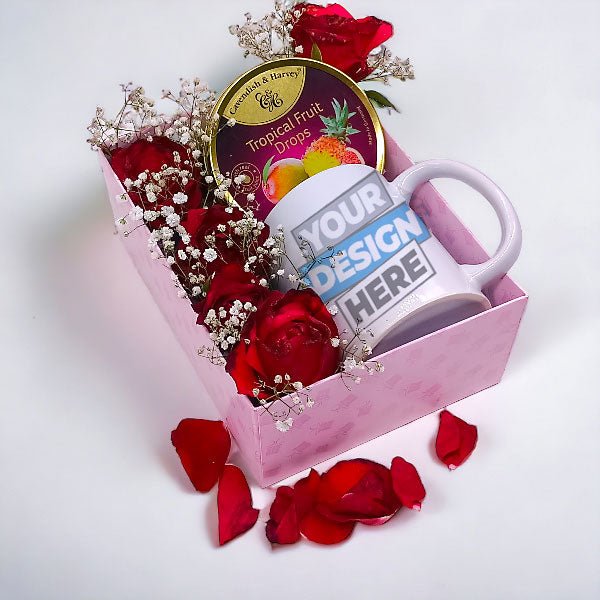 Personalized Mug With Fruits Drops & Roses Combo - Flowers to Nepal - FTN
