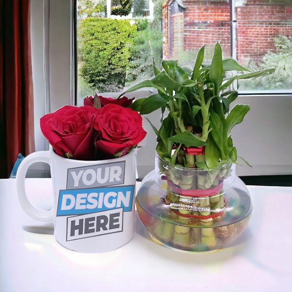 Personalized Mug With Roses And 2 Layer Bamboo Plant In Jar - Flowers to Nepal - FTN