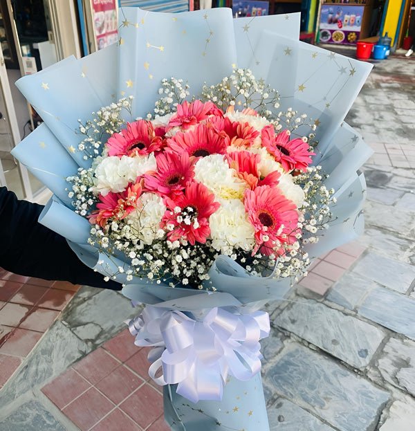 Pink Gerbera With White Carnation Flower Bouquet - Flowers to Nepal - FTN