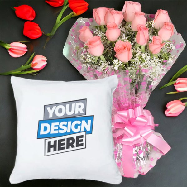 Pink Rose Bunch With Personalised Cushion - Flowers to Nepal - FTN