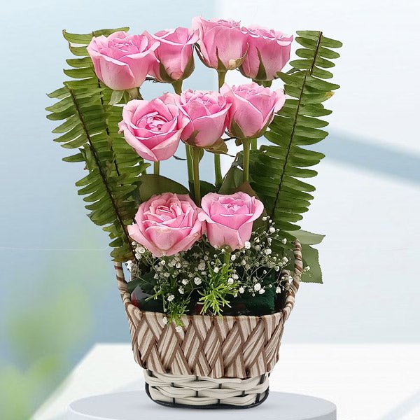 Pink Roses Basket With Gypsy & Ferns - Flowers to Nepal - FTN