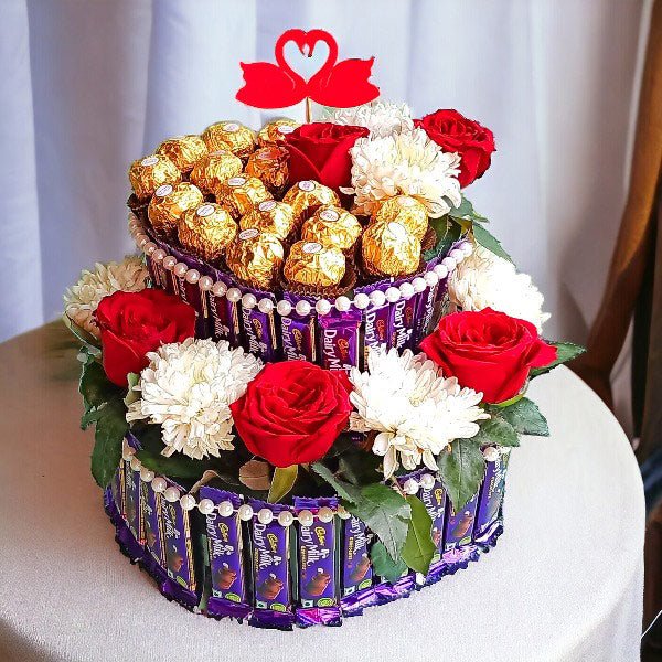 Premium Chocolates, Mix Flowers Combo with Pearl Decor - Flowers to Nepal - FTN