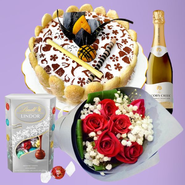 Premium Present ( Tiramisu Cake 1lb, Half Roses Bunch, Lindt Lindor and Wine 750ml ) - Flowers to Nepal - FTN
