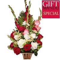 Red and White Roses With Gladiolus Basket - Flowers to Nepal - FTN
