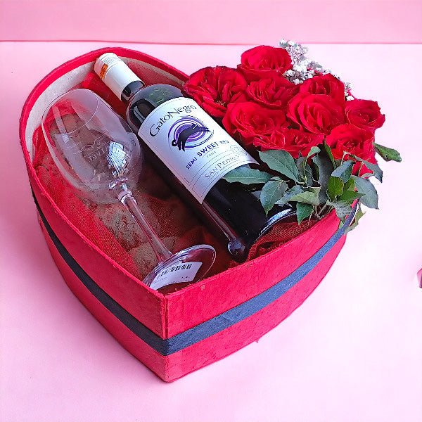 Red Heart Box with Roses, Wine Glass & 750ml Red Wine - Flowers to Nepal - FTN