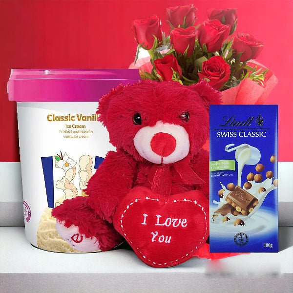 Red Heart Teddy With Lindt Chocolate, Ice-Cream & Roses Bunch - Flowers to Nepal - FTN