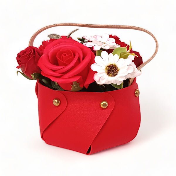 Red Pu Leather Bag Embellished with Stunning Artificial Flowers - Flowers to Nepal - FTN