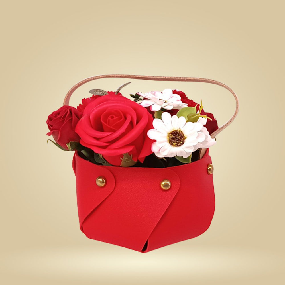 Red Pu Leather Bag Embellished with Stunning Artificial Flowers - Flowers to Nepal - FTN