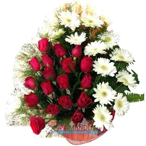 Red Roses And White Gerbera Special Event Basket - Flowers to Nepal - FTN