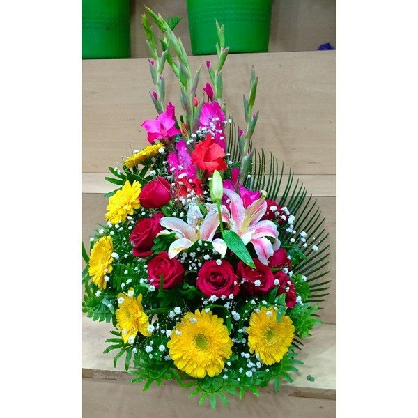 Red Roses, Yellow Gerbera, Pink Glad & Lily Arranged In Basket - Flowers to Nepal - FTN